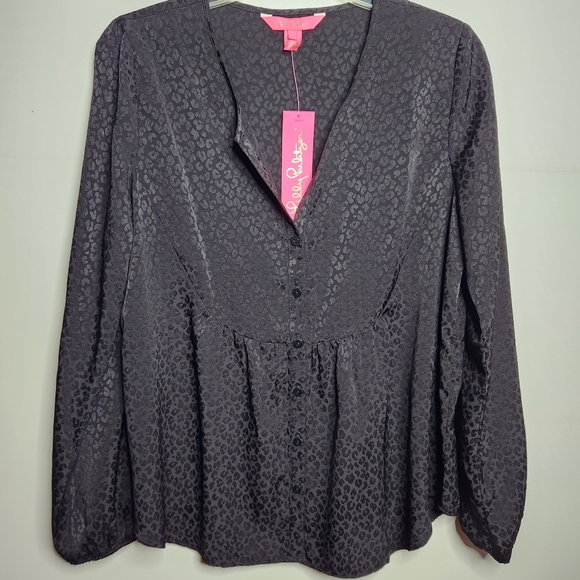 Lilly Pulitzer Hensley Top Blouse Leopard Jacquard Small Black Whimsigoth NWT - Picture 2 of 10
